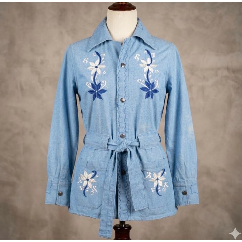 Vtg 70s Embroidered Belted Denim Jacket 34 Mexico Sanforized Cotton Disco Hippie